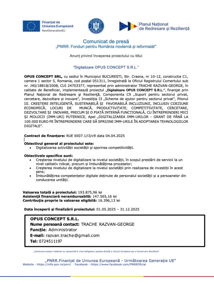 Comunicat de Presa PNRR : Digitalizare OPUS CONCEPT S.R.L.